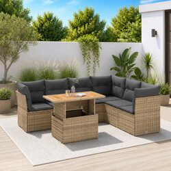 7-Piece Beige Poly Rattan Outdoor Garden Sofa Set