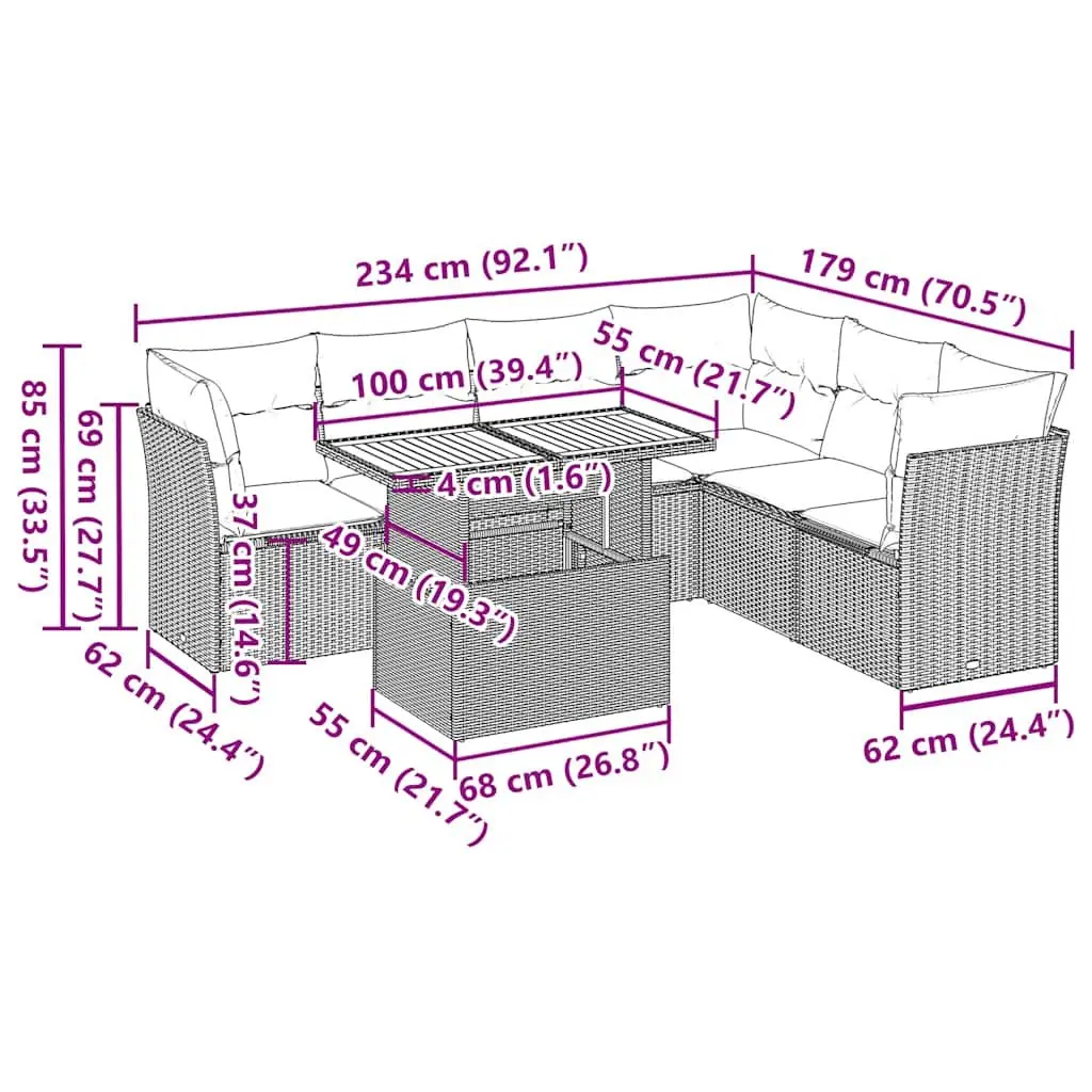 7 Piece Garden Sofa Set PE Rattan Grey Outdoor Patio Furniture