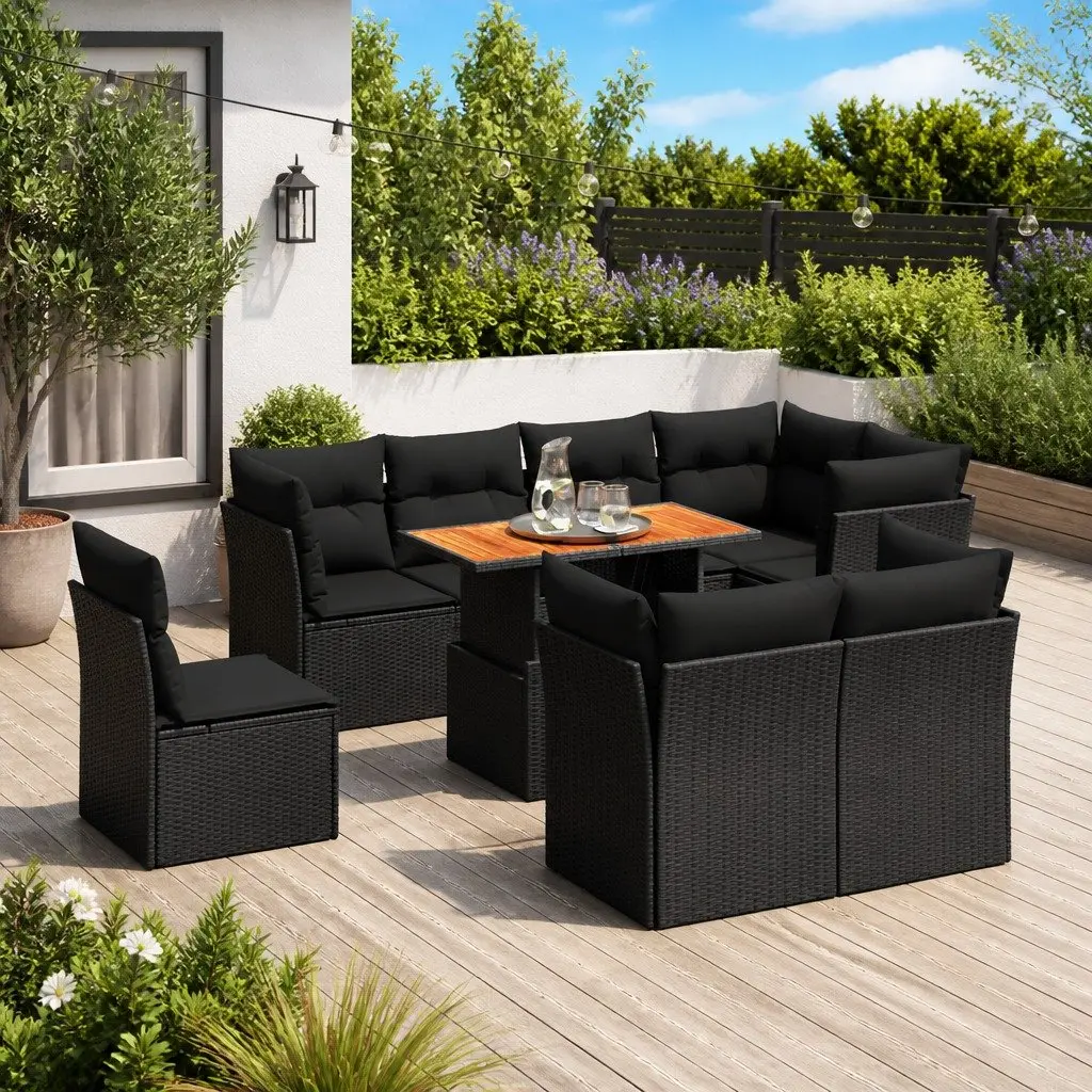 9 Piece Garden Sofa Set PE Rattan Black Patio Furniture with Cushions