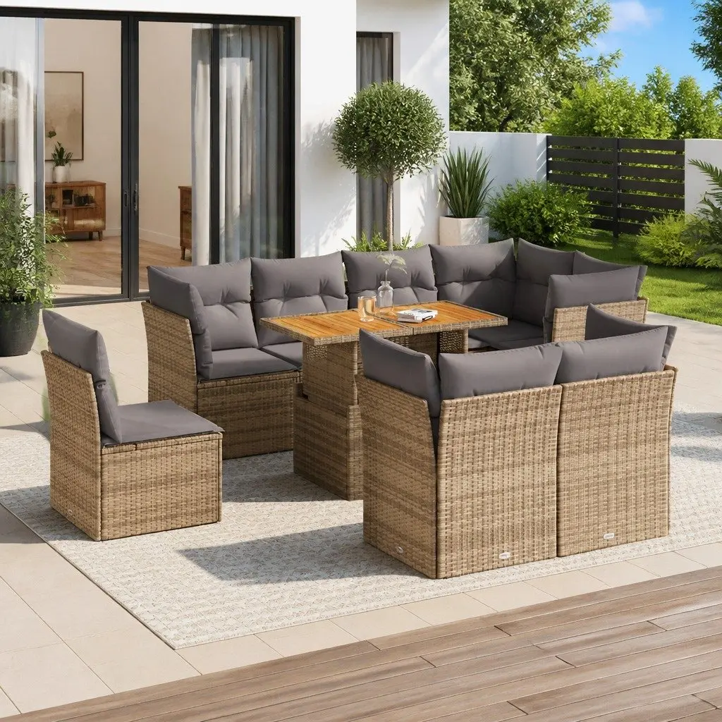 9-Piece Modular Patio Sofa Set in Beige Poly Rattan