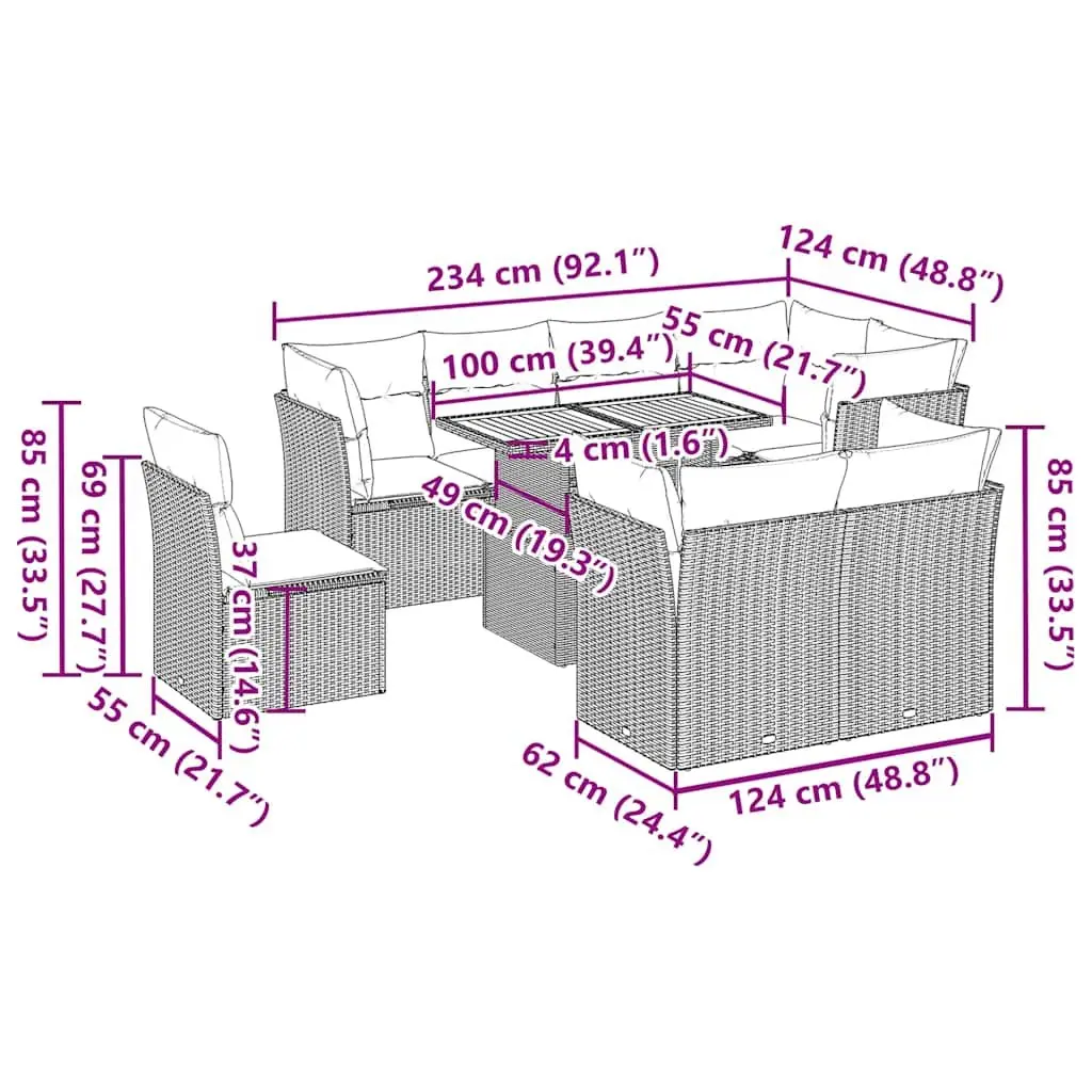 9-Piece Modular Patio Sofa Set in Beige Poly Rattan