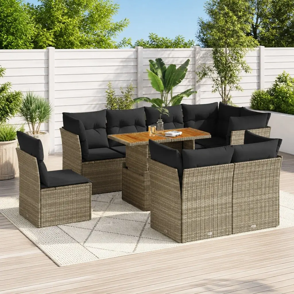 9-Piece Grey Poly Rattan Garden Sofa Set for Outdoors