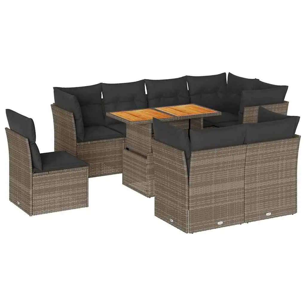 9-Piece Grey Poly Rattan Garden Sofa Set for Outdoors