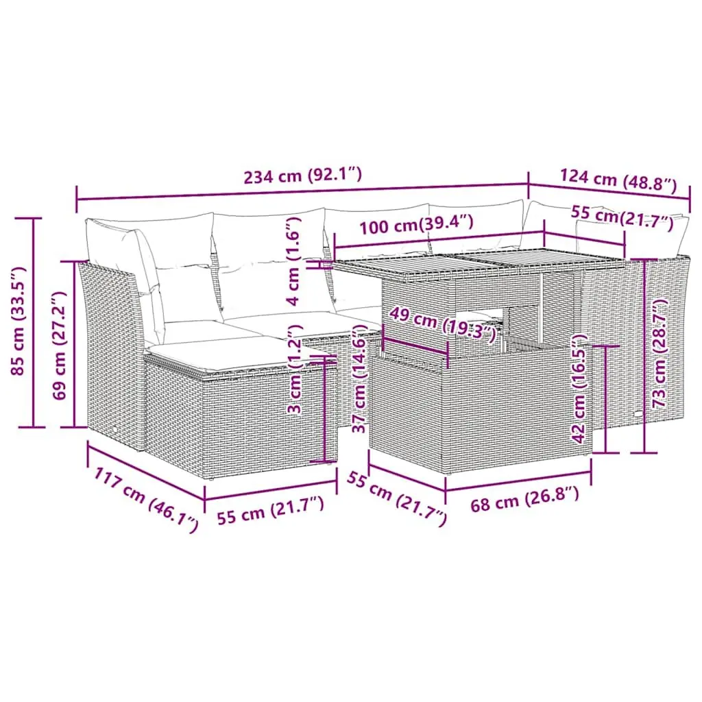 Garden Sofa Set PE Rattan 7 Piece Outdoor Furniture Modular Black