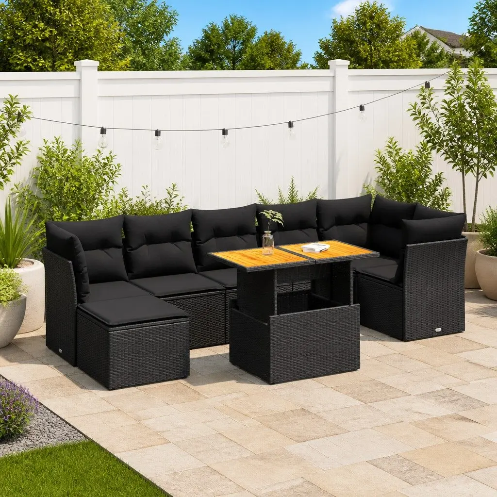 Garden Sofa Set PE Rattan 8 Piece Outdoor Furniture Black Patio Lounge Seating