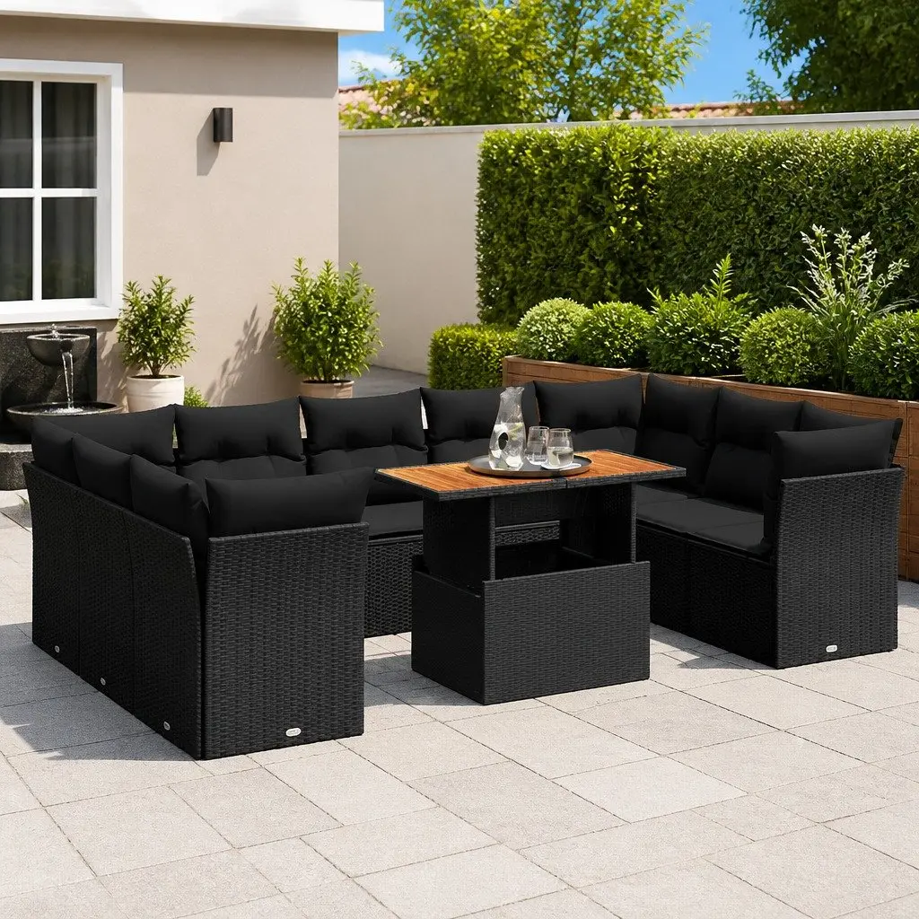 Garden Sofa Set PE Rattan 10 Piece Outdoor Furniture Black Modular Sectional