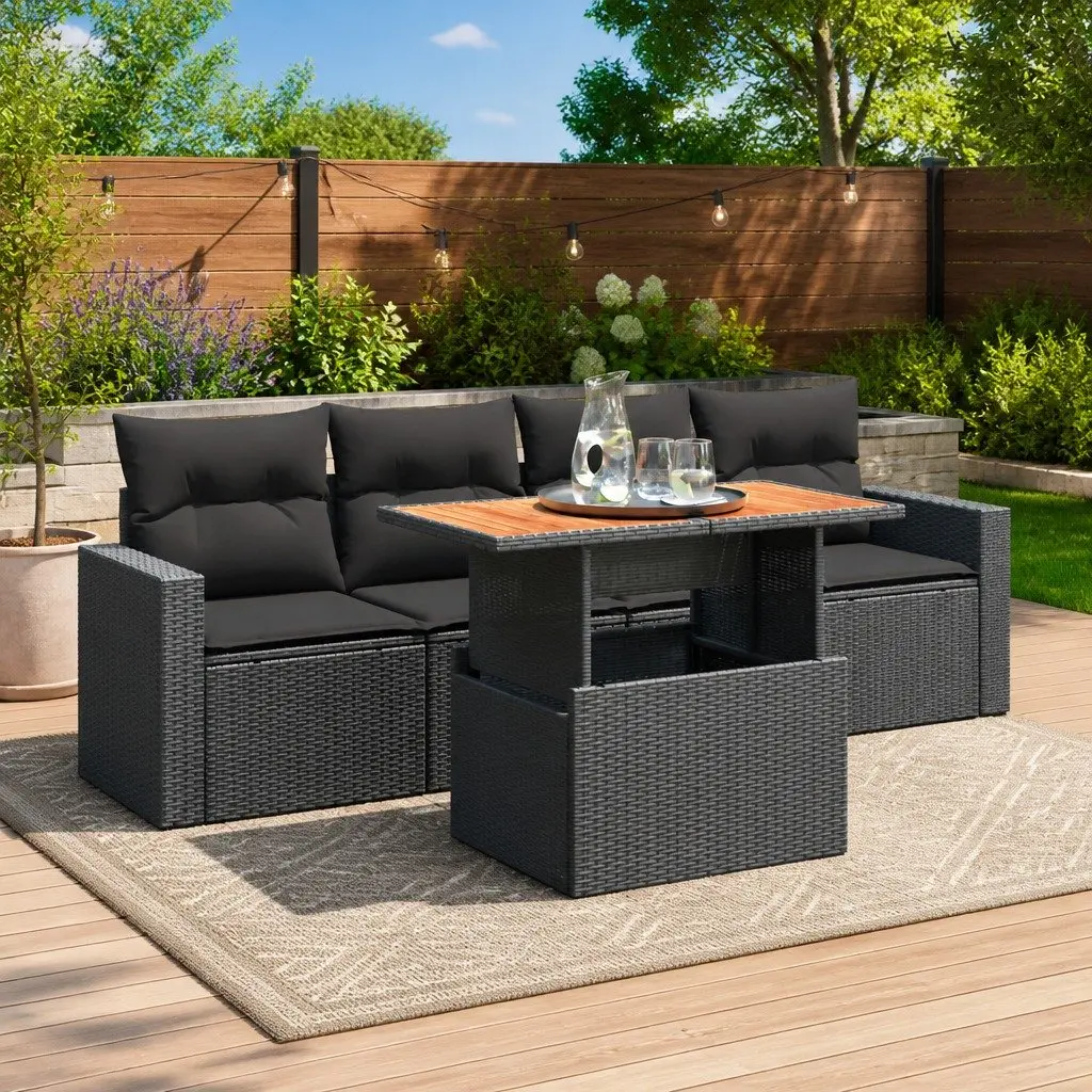 5 Piece Garden Sofa Set PE Rattan Modular Black with Cushions