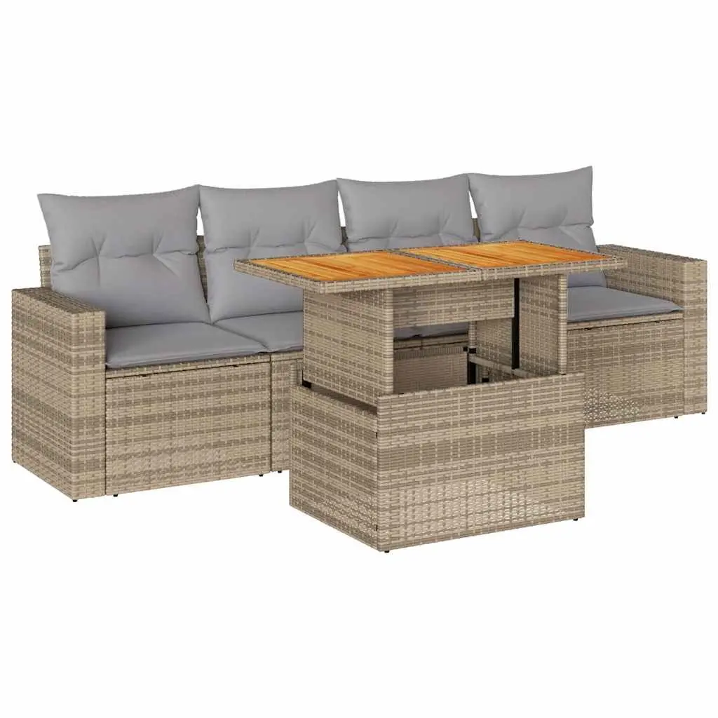 5 Piece Outdoor Garden Sofa Set PE Rattan Beige Modular Patio Furniture with Cushions