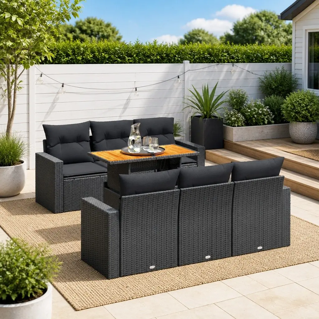 Garden Sofa Set PE Rattan 7 Piece Modular Outdoor Furniture Black