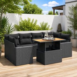 Durable 7-Piece Poly Rattan Outdoor Sofa Set in Black