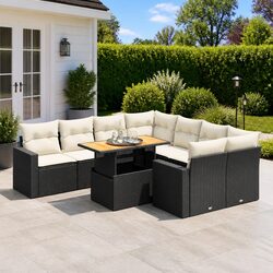 Durable 9 Piece Black Garden Sofa Set with Cushions
