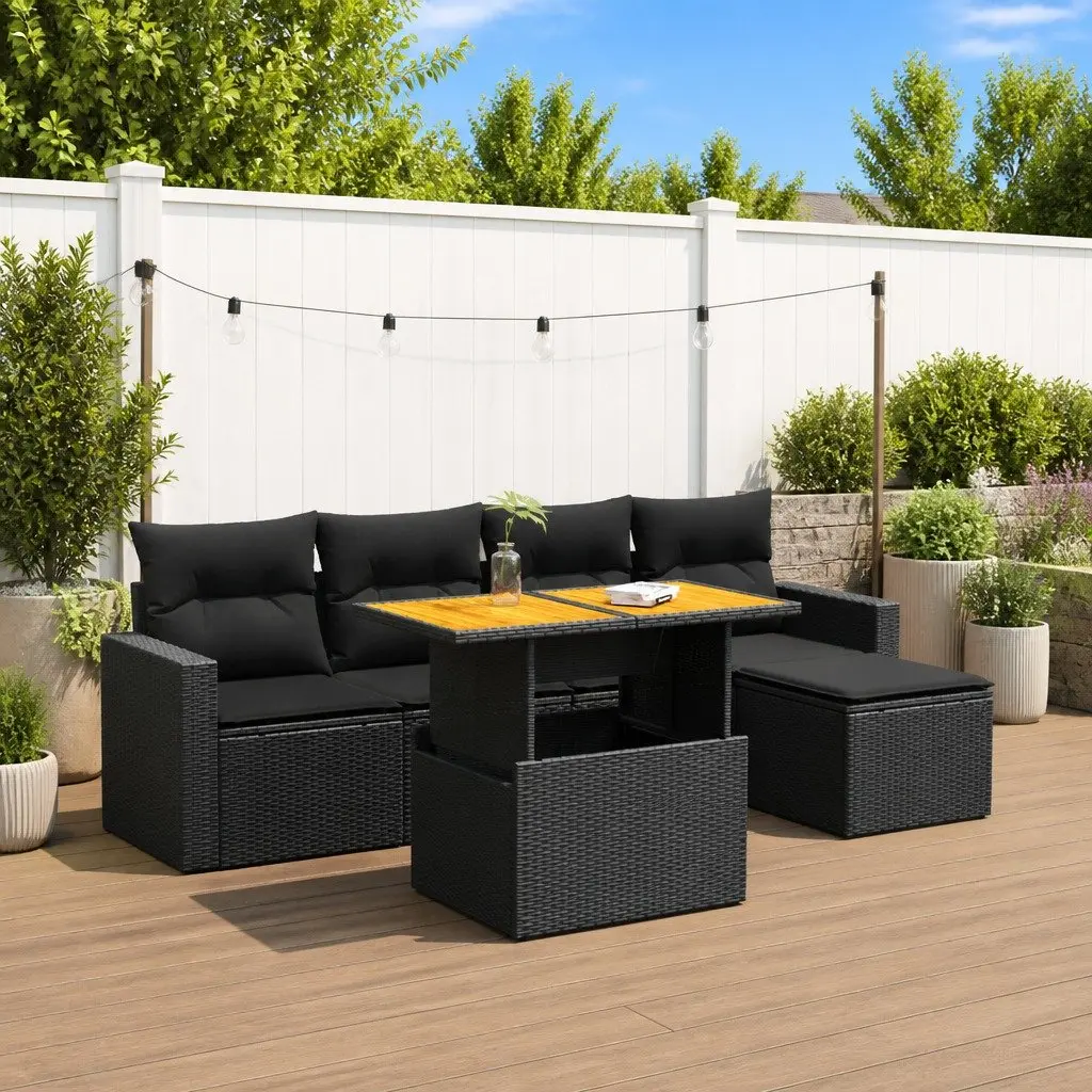 6 Piece Garden Sofa Set PE Rattan Black Outdoor Furniture Patio Lounge