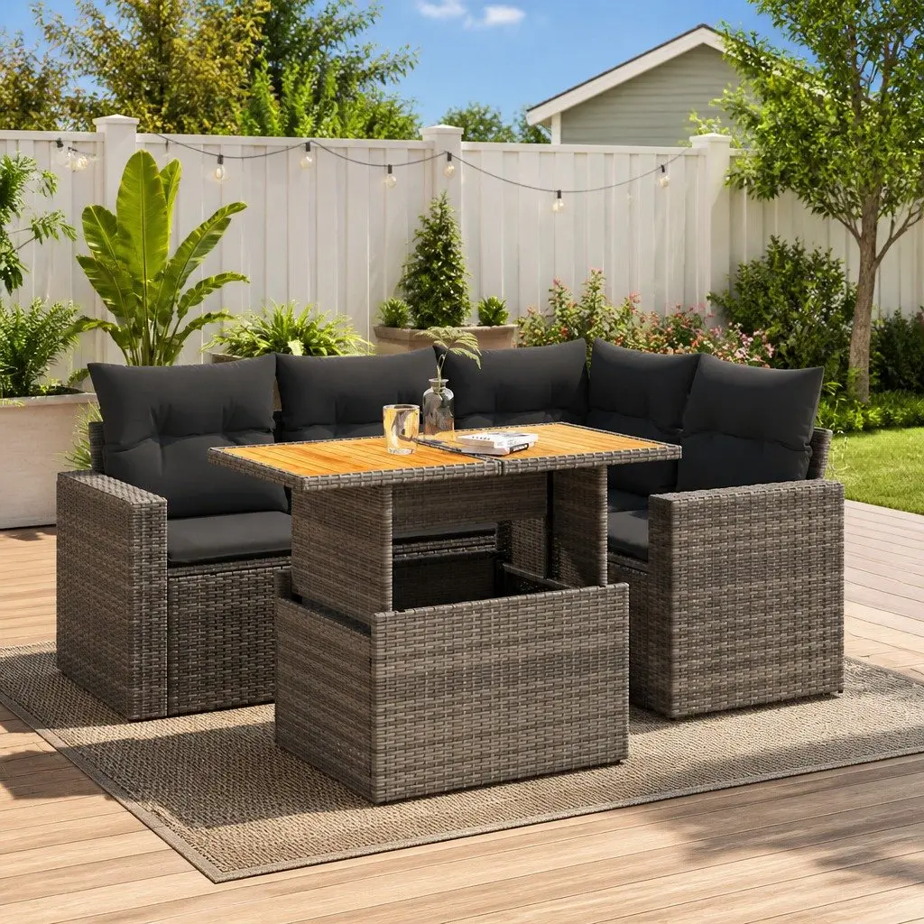 Grey Poly Rattan 5 Piece Garden Sofa Set with Storage
