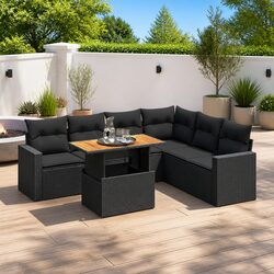 7-Piece Black Poly Rattan Outdoor Sofa Set with Cushions