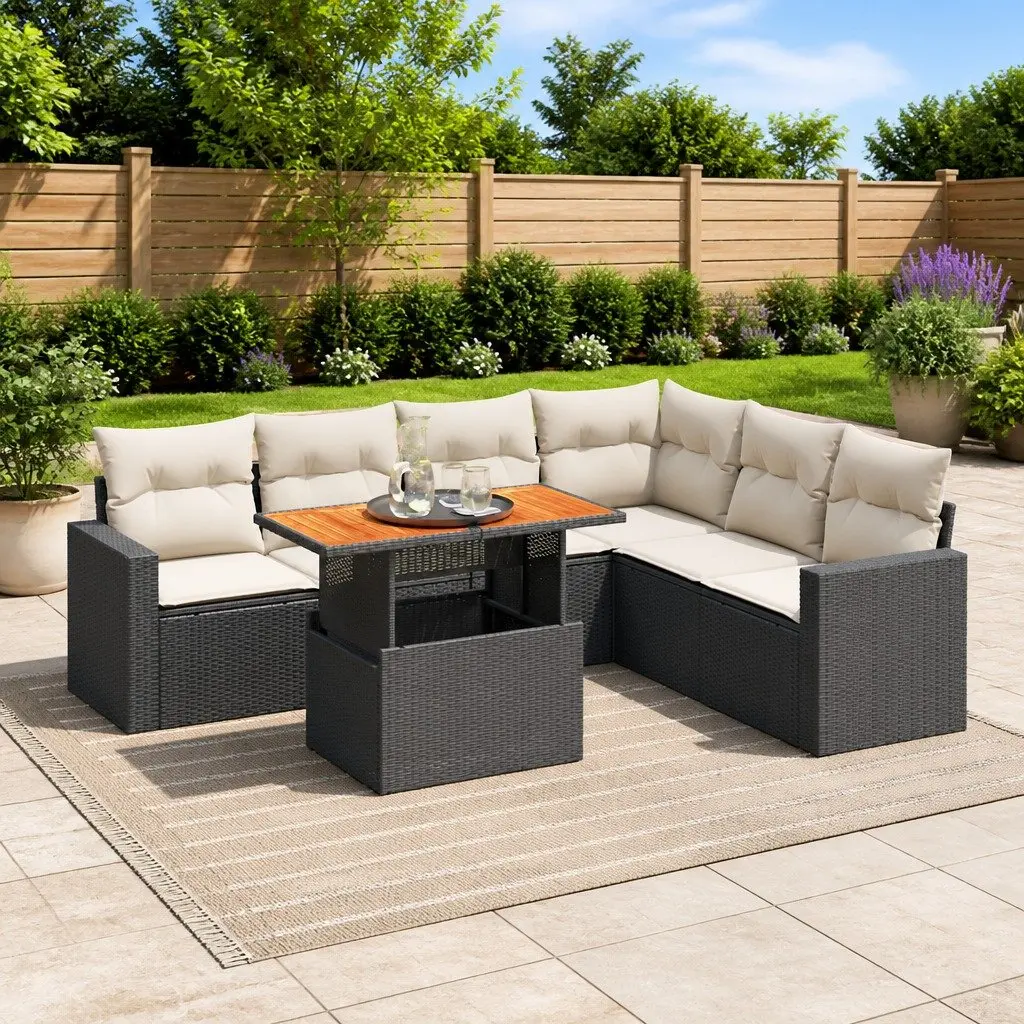 7 Piece Garden Sofa Set PE Rattan Black Outdoor