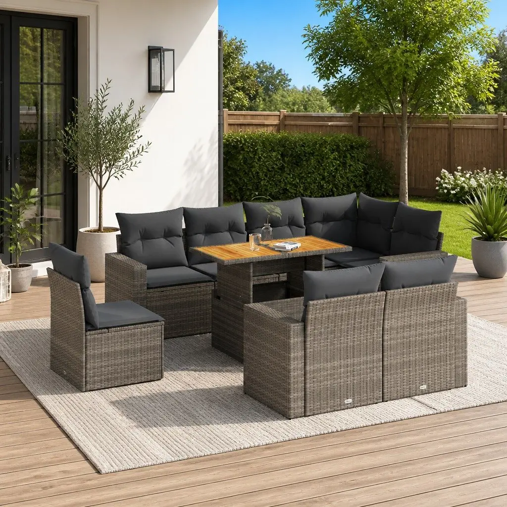 9 Piece Garden Sofa Set PE Rattan Grey Patio Furniture with Cushions