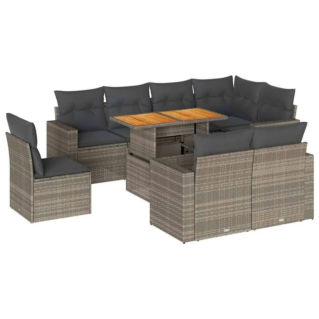9 Piece Garden Sofa Set PE Rattan Grey Patio Furniture with Cushions