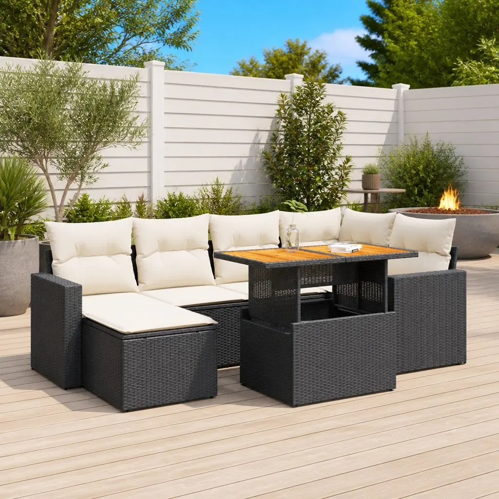 7 Piece Garden Sofa Set PE Rattan Modular Outdoor Furniture Black