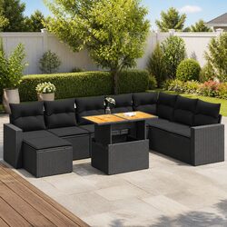 9-Piece Garden Sofa Set Outdoor Furniture Black Poly Rattan