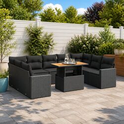 10 Piece Modular Black Poly Rattan Garden Sofa Set