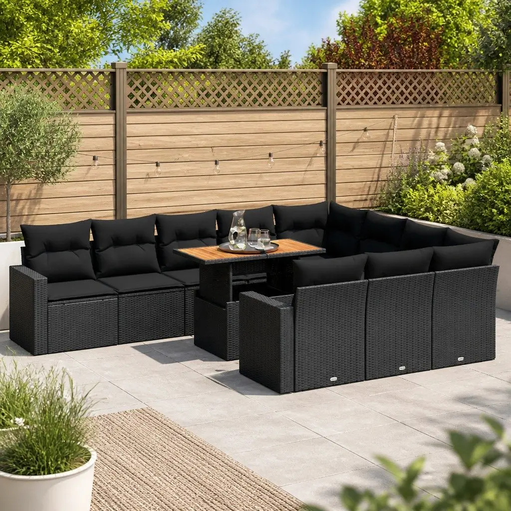 11 Piece Black Poly Rattan Garden Sofa Set