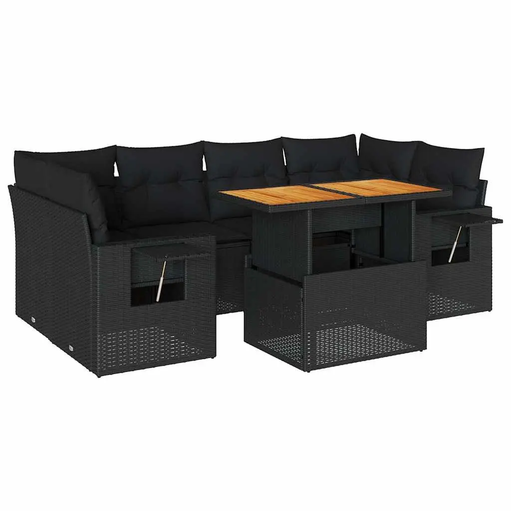 7 Piece Garden Sofa Set PE Rattan Black Modular Outdoor Furniture with Adjustable Tabletop and Storage
