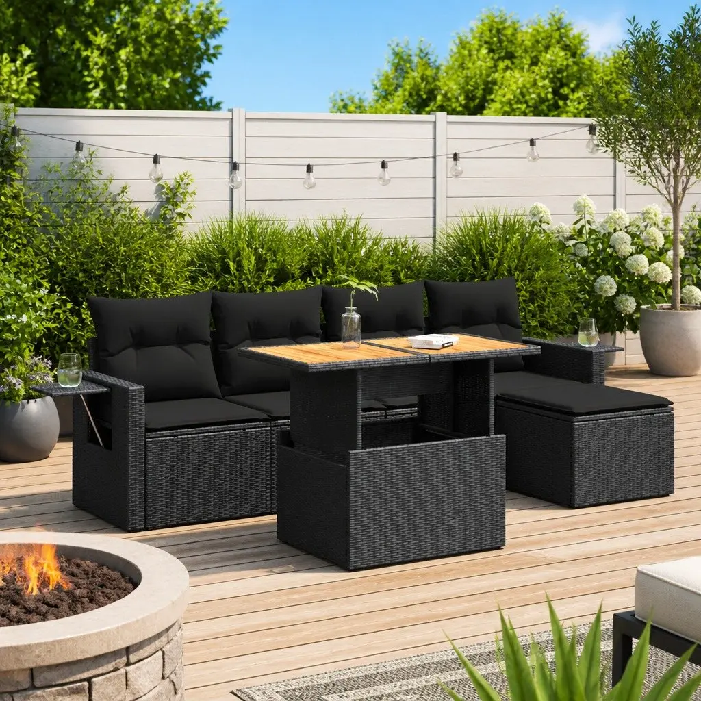 Garden Sofa Set PE Rattan 6 Piece Black Modular Outdoor Furniture