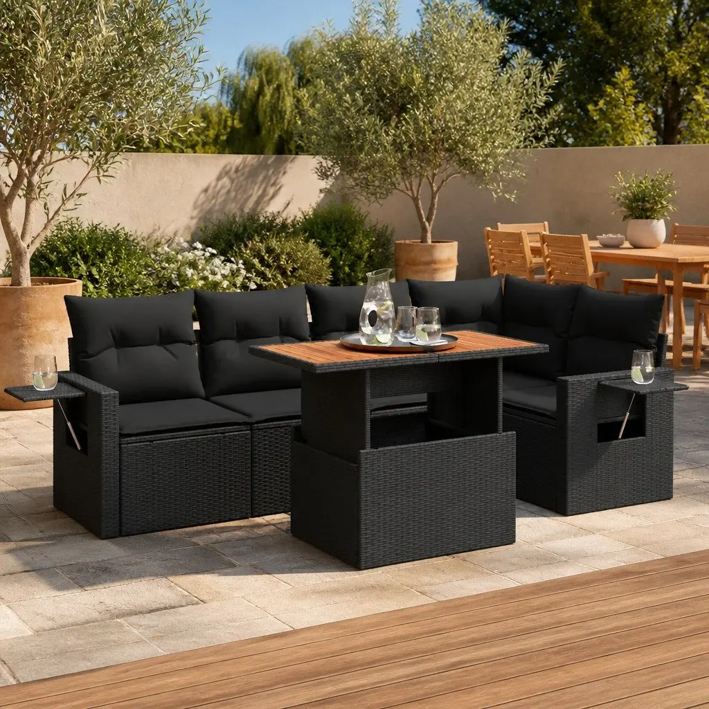 Garden Sofa Set PE Rattan 6 Piece Modular Outdoor Furniture Black