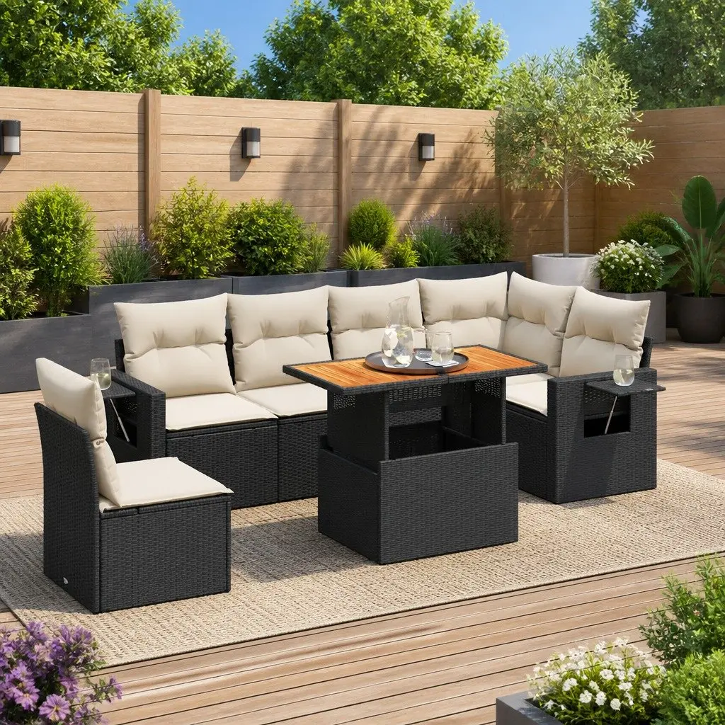 7 Piece Black Rattan Garden Sofa Set with Storage