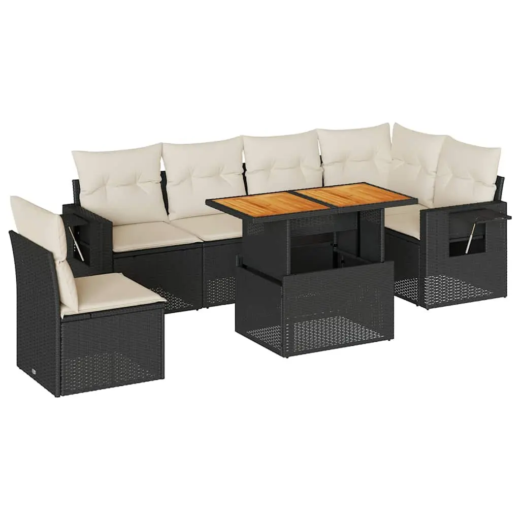 7 Piece Black Rattan Garden Sofa Set with Storage