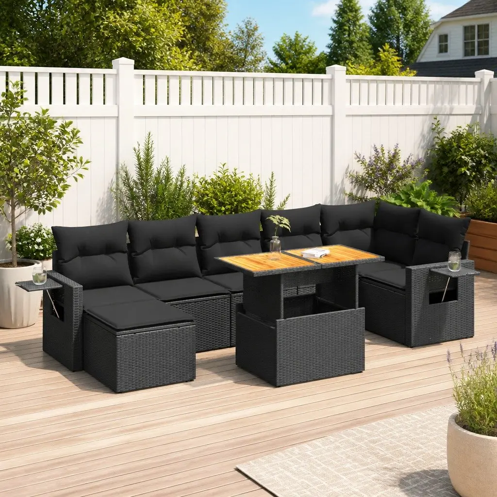 8-Piece Black Poly Rattan Garden Sofa Set for Outdoor