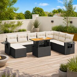 9-Piece Black Poly Rattan Garden Sofa Set