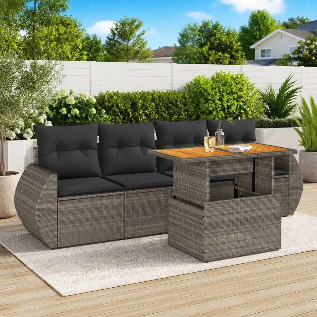 Garden Sofa Set PE Poly Rattan 5 Piece Outdoor Furniture Patio Grey with Cushions