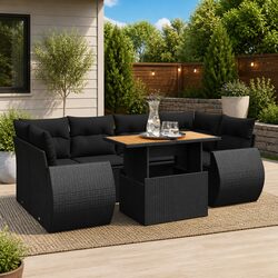 7 Piece Black Garden Sofa Set with Cushions for Outdoors