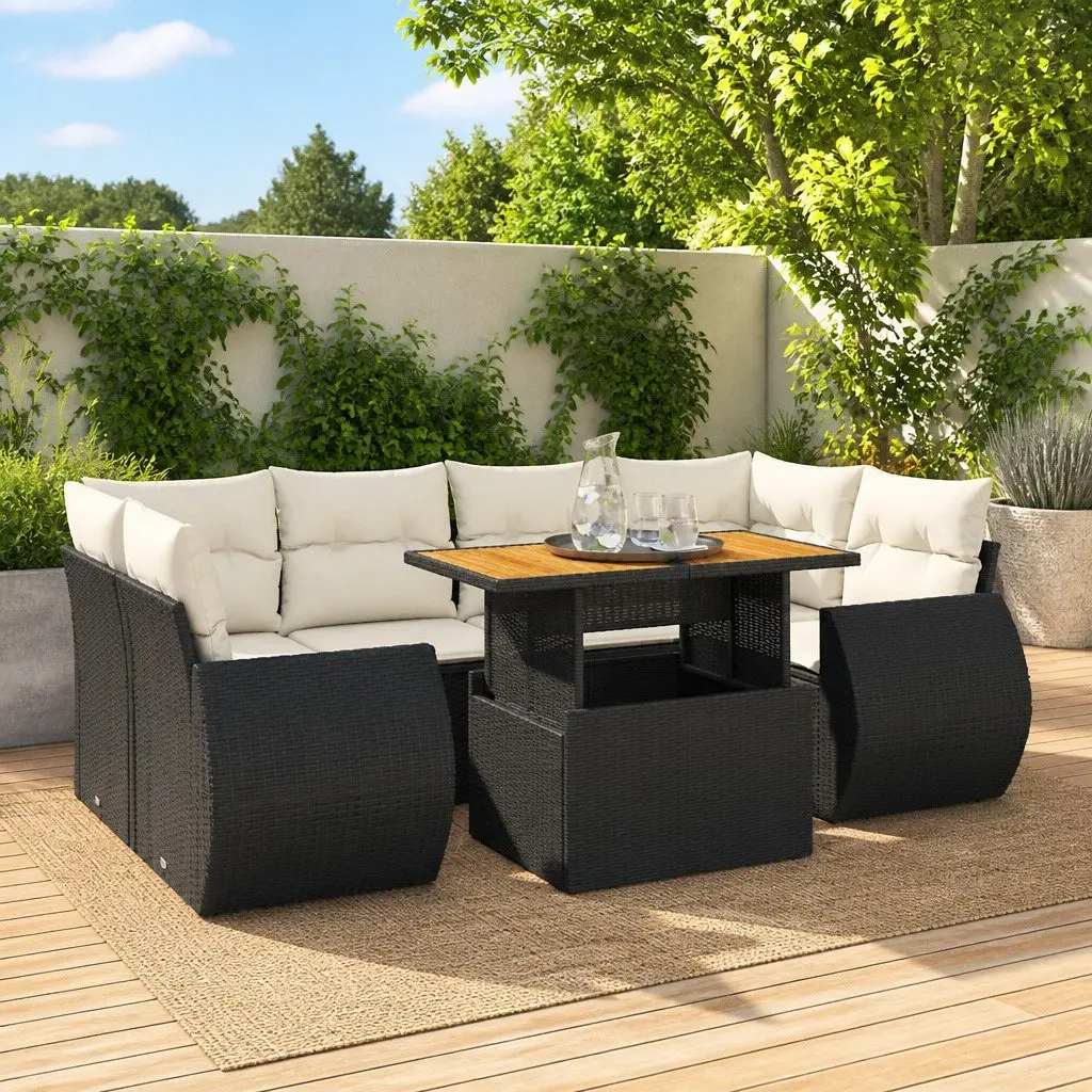 7-Piece Modular Black Poly Rattan Sofa Set for Outdoors