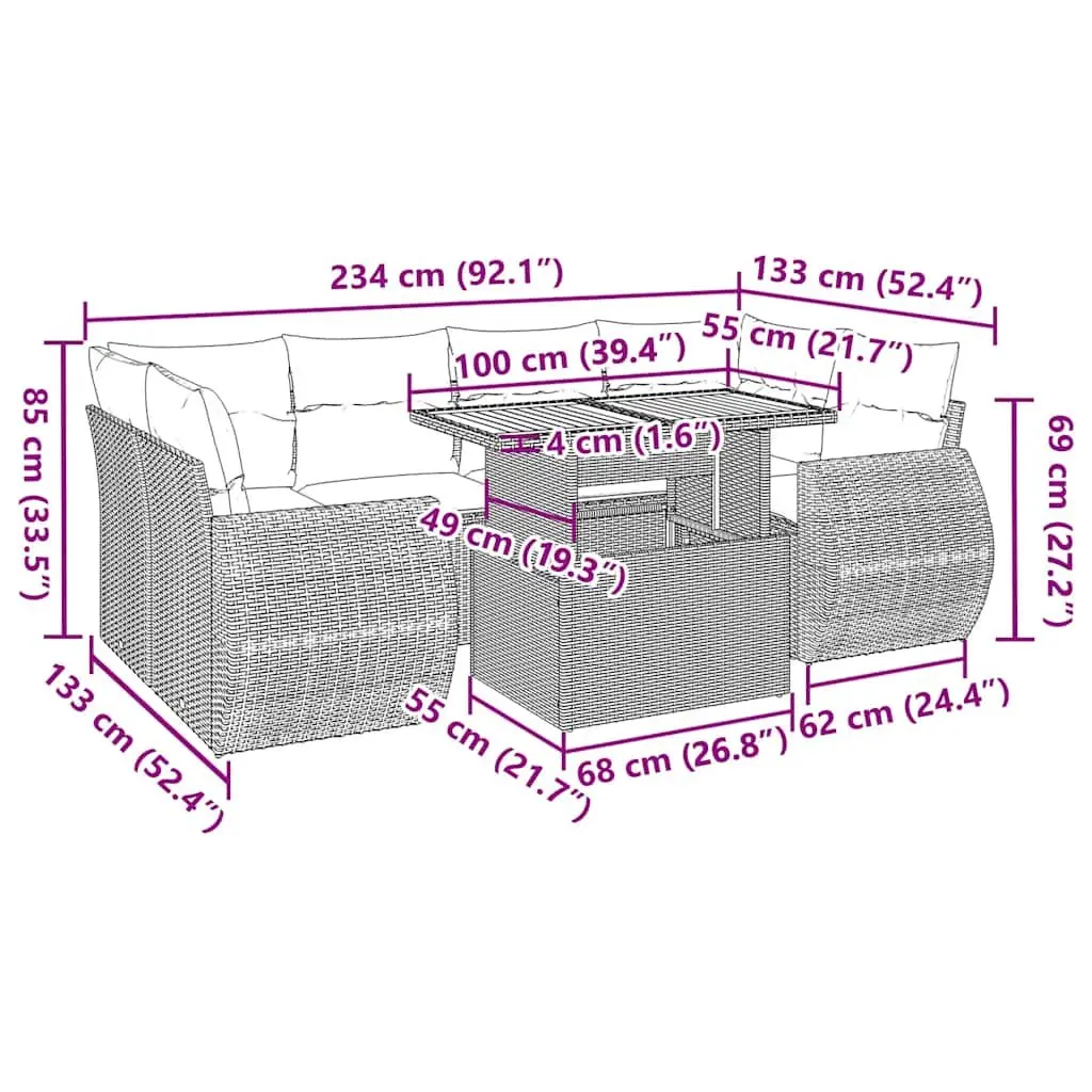 7-Piece Modular Black Poly Rattan Sofa Set for Outdoors