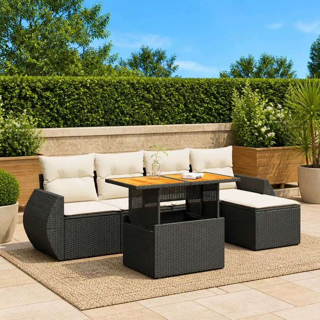 Garden Sofa Set PE Rattan 6 Piece Outdoor Furniture Black Patio Lounge
