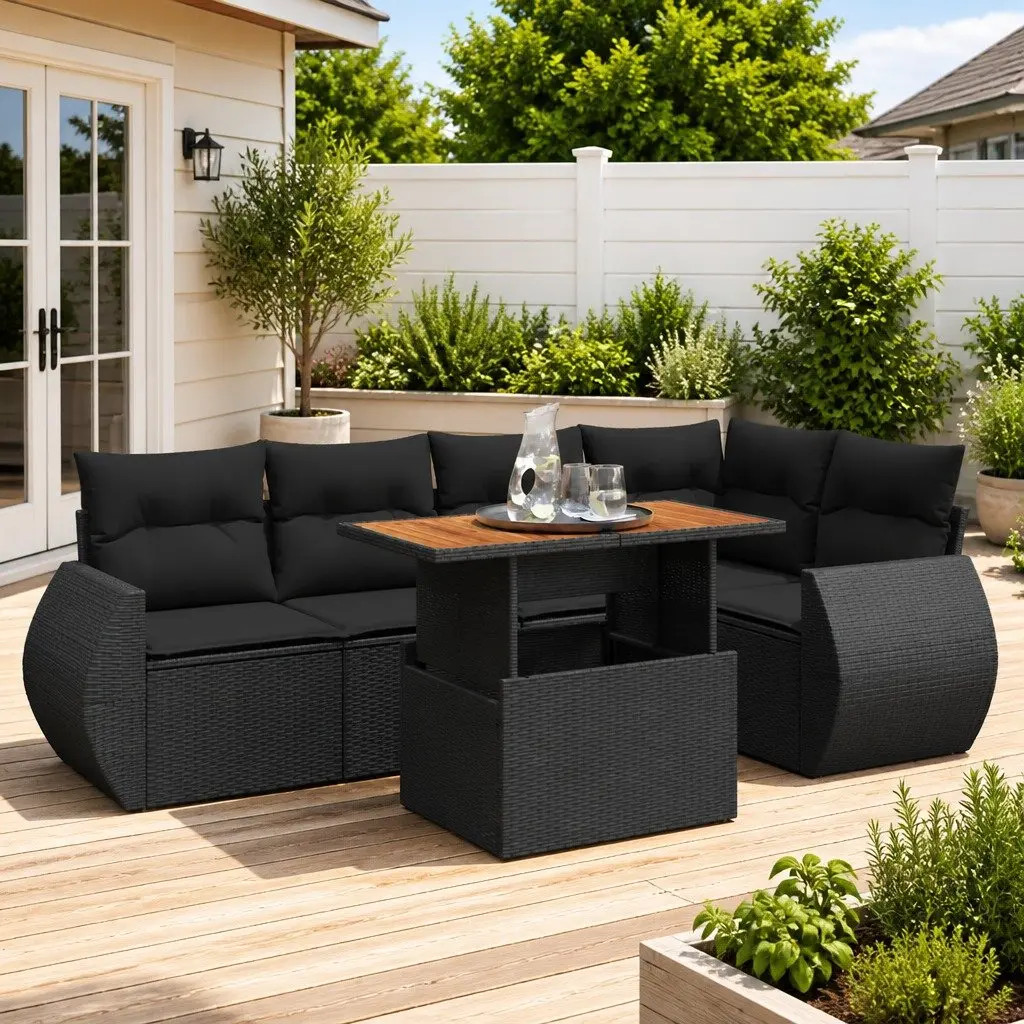 6-Piece Black Modular Garden Sofa Set for Outdoor Use