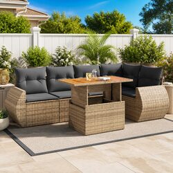 6-Piece Outdoor Patio Sofa Set in Beige Poly Rattan