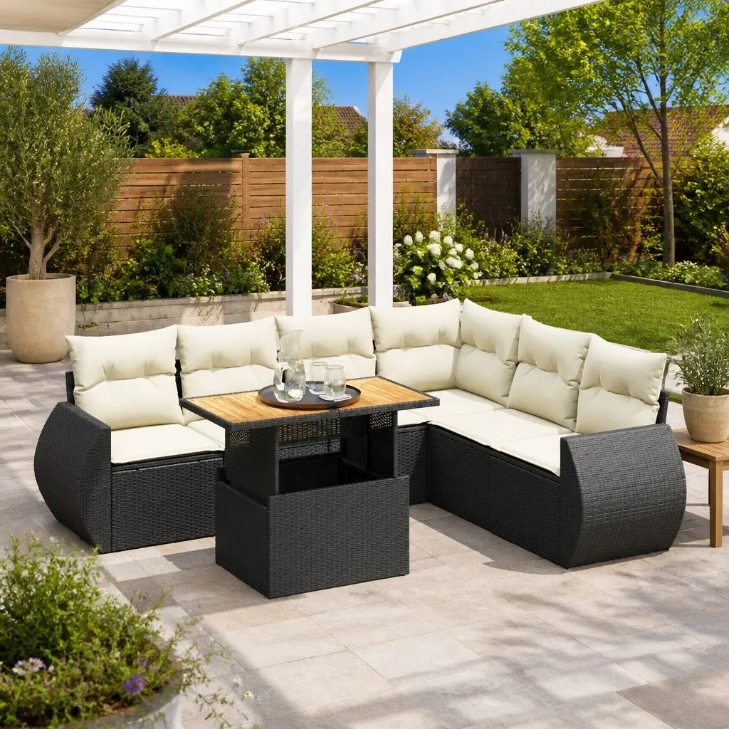 7 Piece Modular Black Rattan Garden Sofa Set with Storage