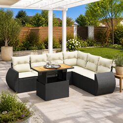 7 Piece Modular Black Rattan Garden Sofa Set with Storage