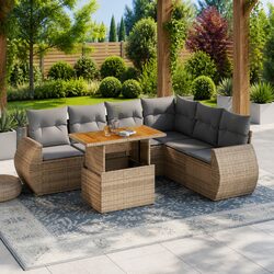 7 Piece Beige Poly Rattan Outdoor Garden Sofa Set