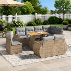 Beige Poly Rattan 9-Piece Garden Sofa Set with Storage