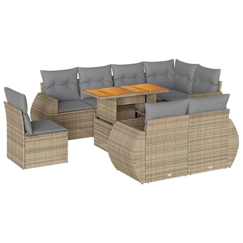 Beige Poly Rattan 9-Piece Garden Sofa Set with Storage