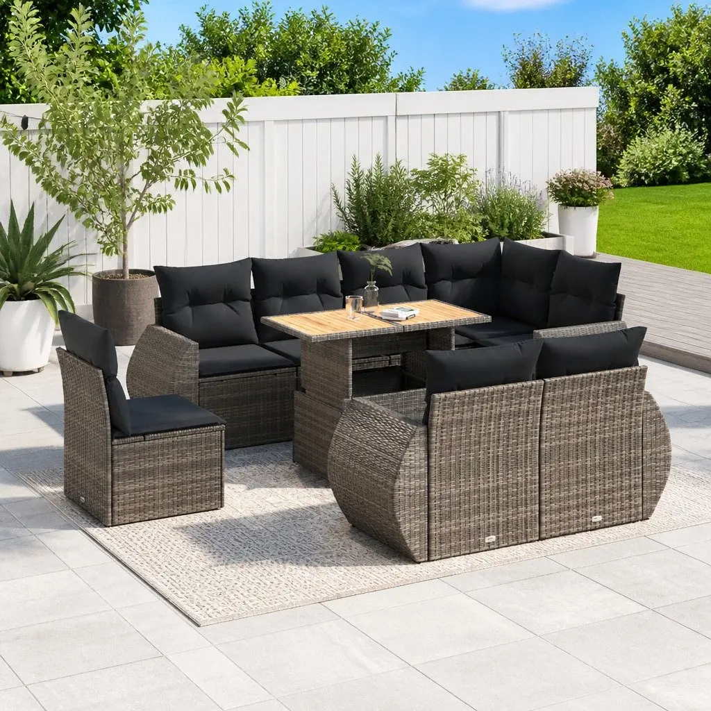 Garden Sofa Set PE Rattan 9 Piece Outdoor Furniture Grey with Cushions