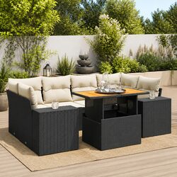Black Poly Rattan 7 Piece Garden Sofa Set with Cushions