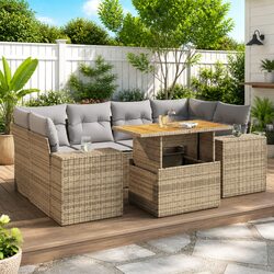 High-Quality 7 Piece Beige Poly Rattan Garden Sofa Set