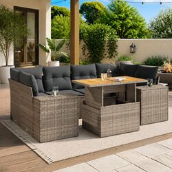 7-Piece Modular Grey Poly Rattan Garden Sofa Set