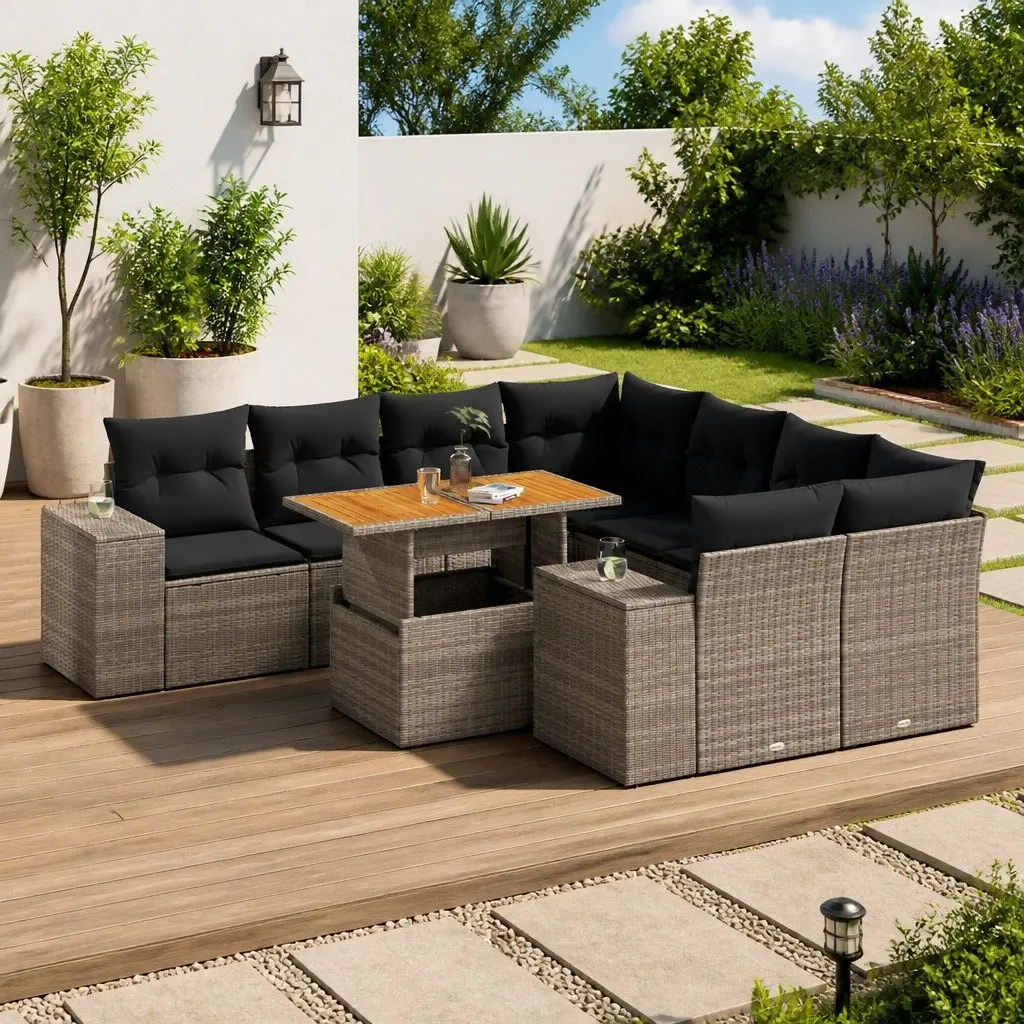 Grey Poly Rattan 9-Piece Modular Garden Sofa Set