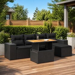 Premium Black 6 Piece Garden Sofa Set with Cushions